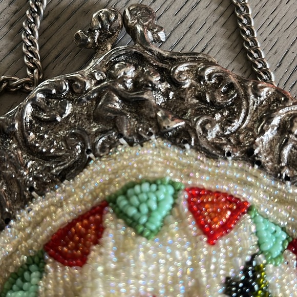VTG Christiana 100% Silk Hand Beaded Purse Art Deco W/ Mirror & Long Chain - Picture 8 of 10